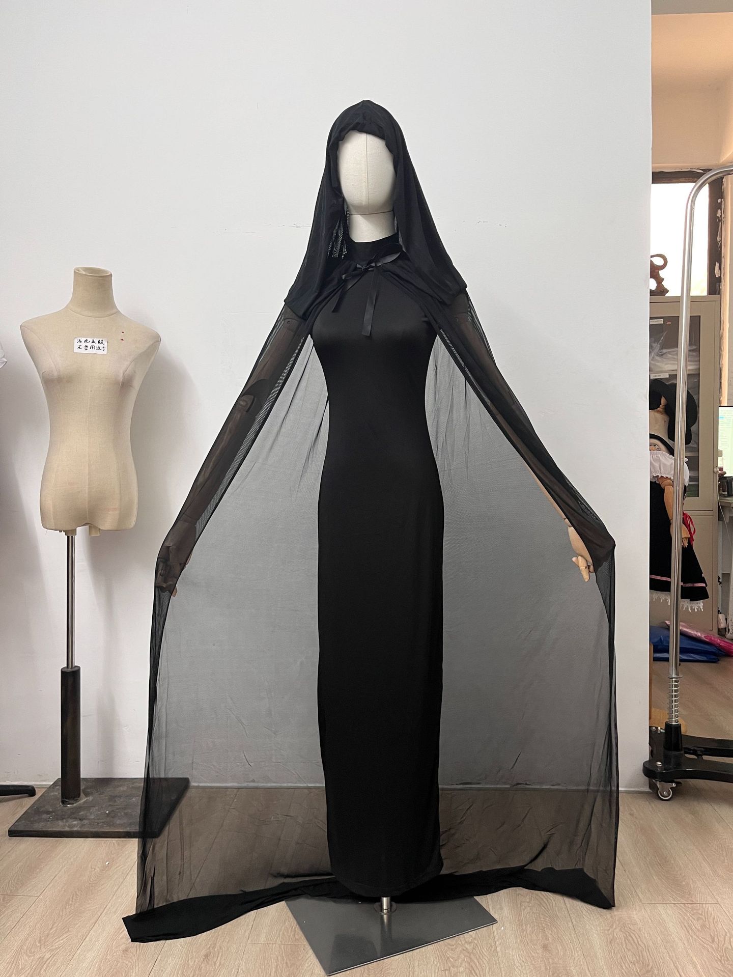 Halloween Witch Vampire Costume - Women Black Sheer Mesh Hooded Cape